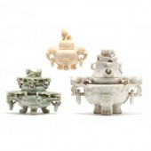 THREE CHINESE CARVED STONE CEN