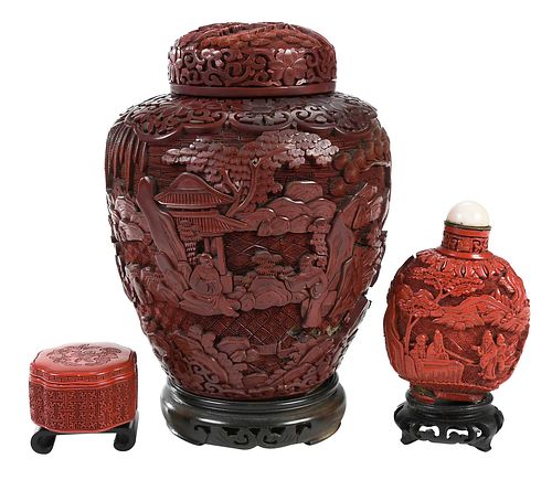 THREE CHINESE CINNABAR OBJECTSbox