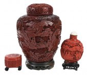 THREE CHINESE CINNABAR OBJECTS