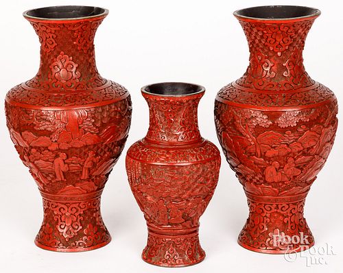 THREE CHINESE CINNABAR VASESThree