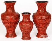 THREE CHINESE CINNABAR VASESTh