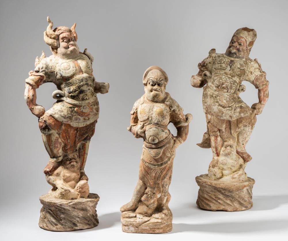 THREE CHINESE CLAY FIGURESThree