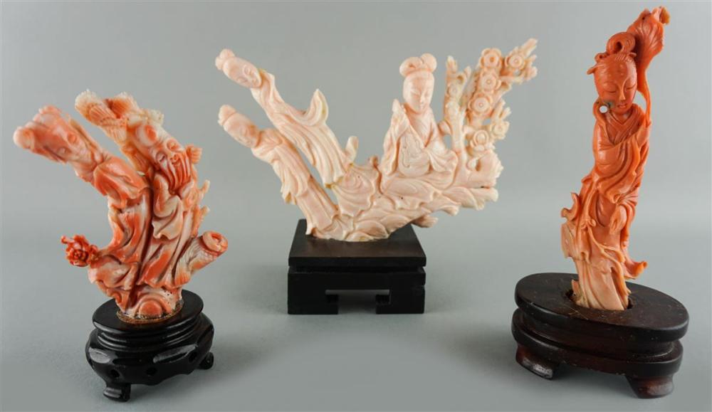 THREE CHINESE CORAL FIGURES OF