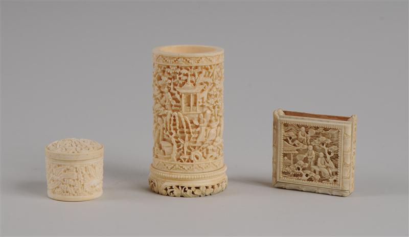 THREE CHINESE FILIGREE-CARVED IVORY