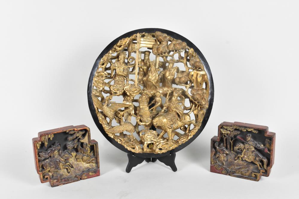 THREE CHINESE GILT AND LACQUERED