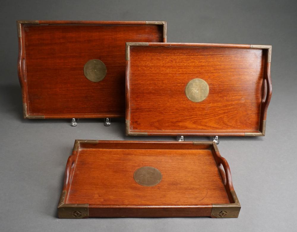 THREE CHINESE HARDWOOD AND BRASS