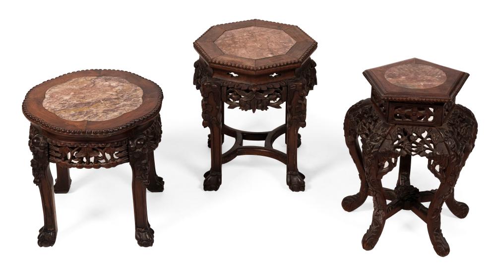 THREE CHINESE HARDWOOD TABORETS