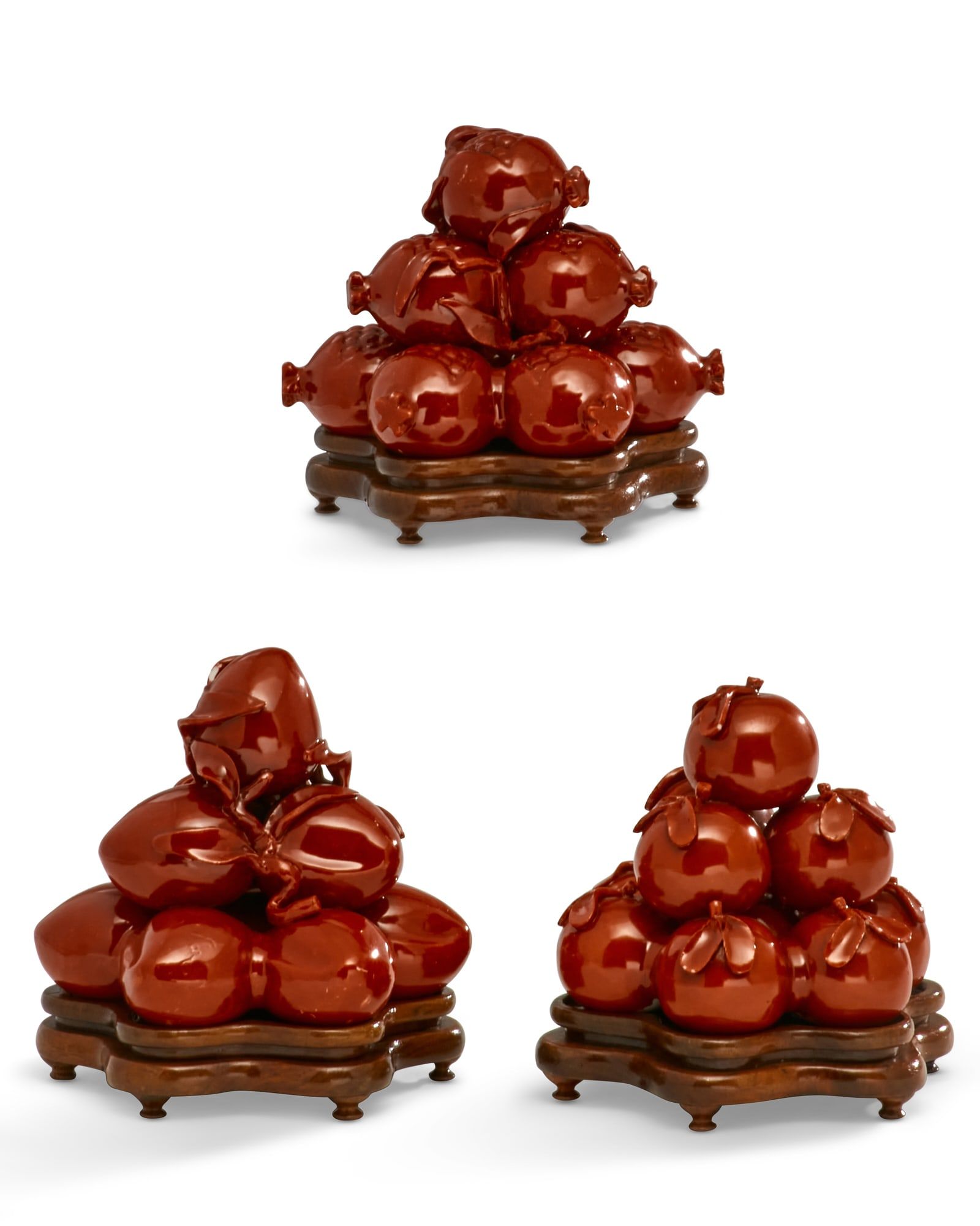 THREE CHINESE IRON-RED ENAMELED