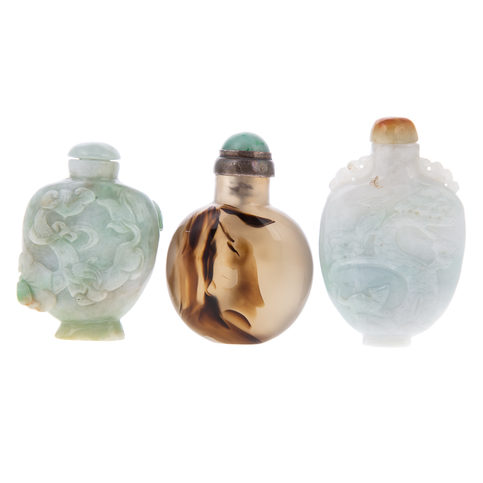THREE CHINESE JADE & AGATE SNUFF