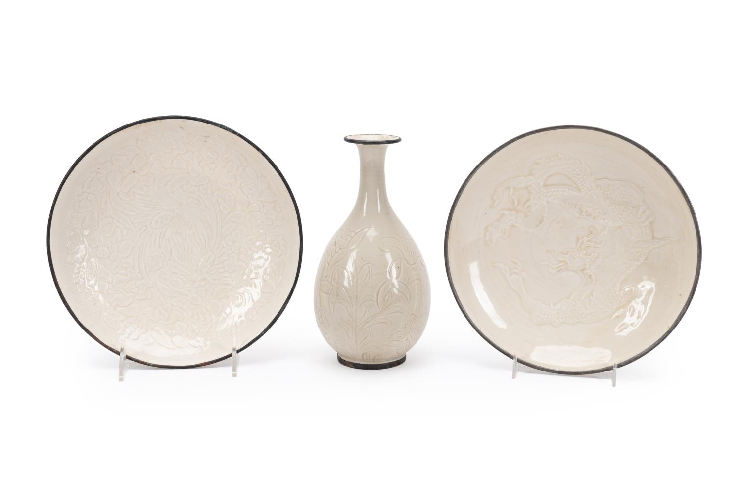 THREE CHINESE METAL RIM DING WARE