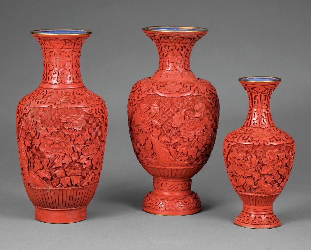 THREE CHINESE RED LACQUER