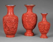 THREE CHINESE RED LACQUER VASE