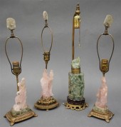 THREE CHINESE ROSE QUARTZ FIGU