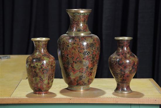 THREE CLOISONNE VASES. Baluster