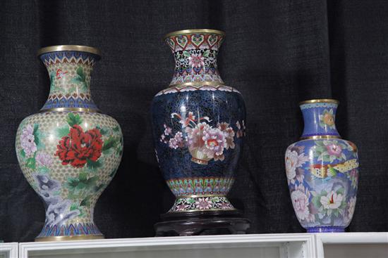 THREE CLOISONNE VASES. Floral on