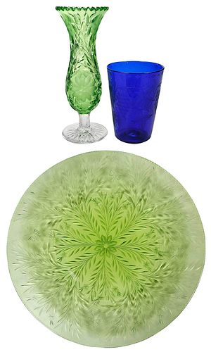 THREE COLORED CUT GLASS TABLE