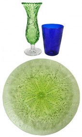 THREE COLORED CUT GLASS TABLE