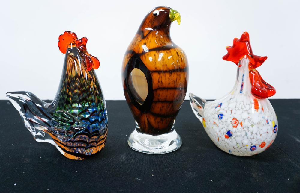 THREE COLORED GLASS BIRD FIGURES, H