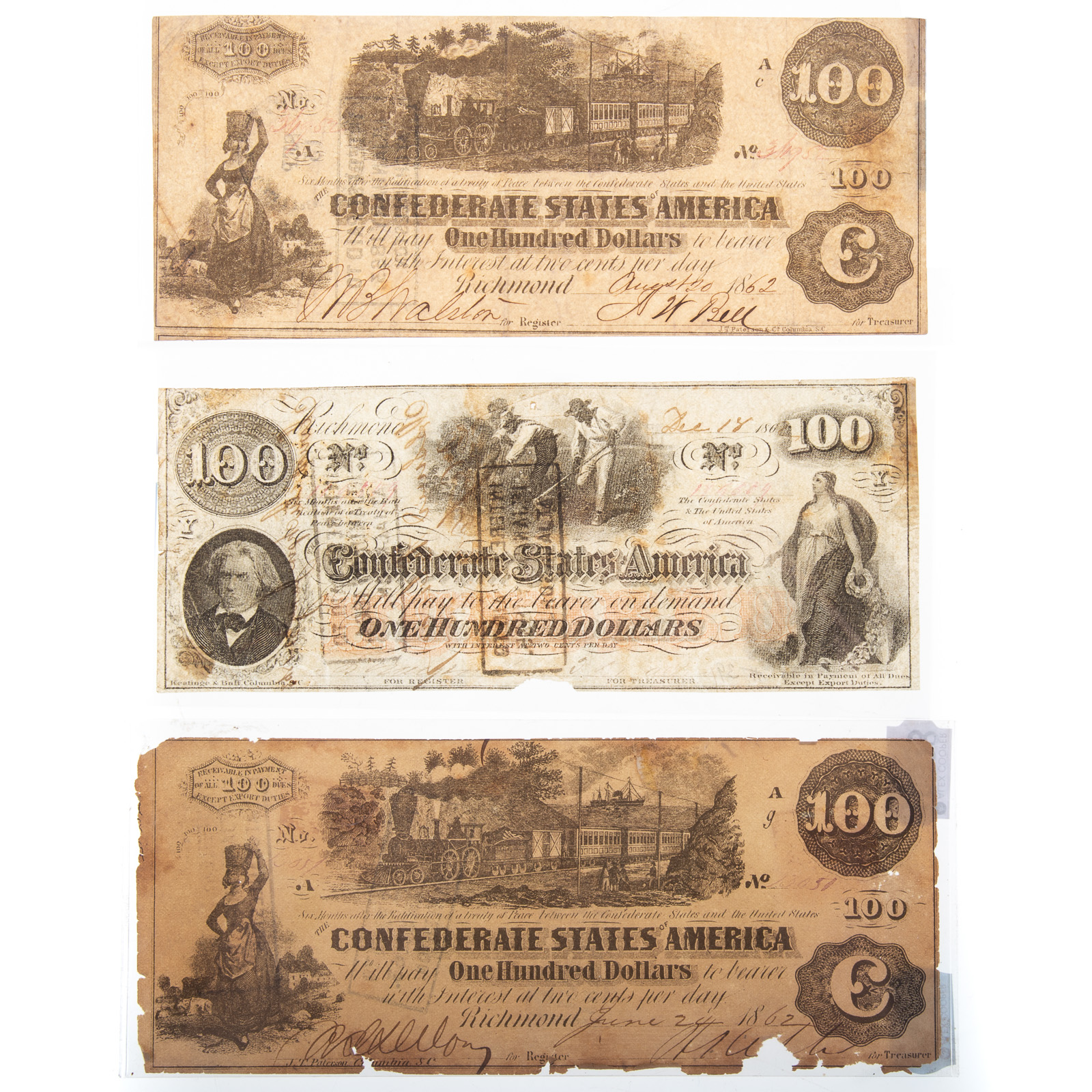 THREE CONFEDERATE $100 INTEREST