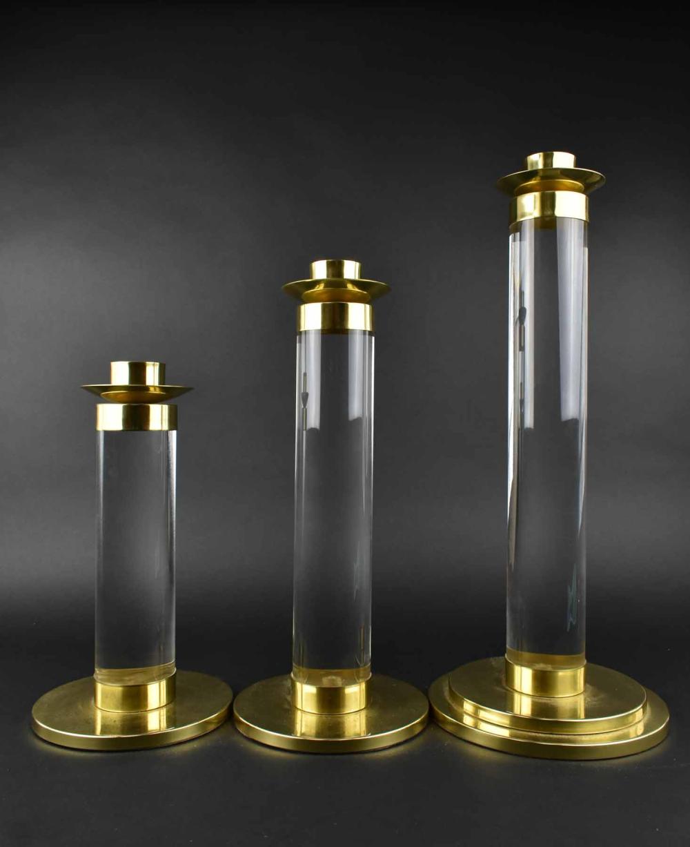 THREE CONTEMPORARY LUCITE & BRASS