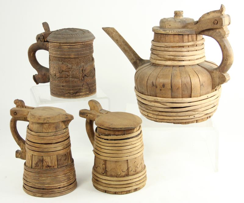 Three Continental Wooden Pitchers