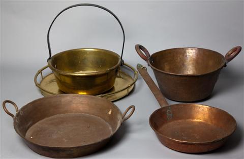 THREE COPPER AND TWO BRASS PIECES