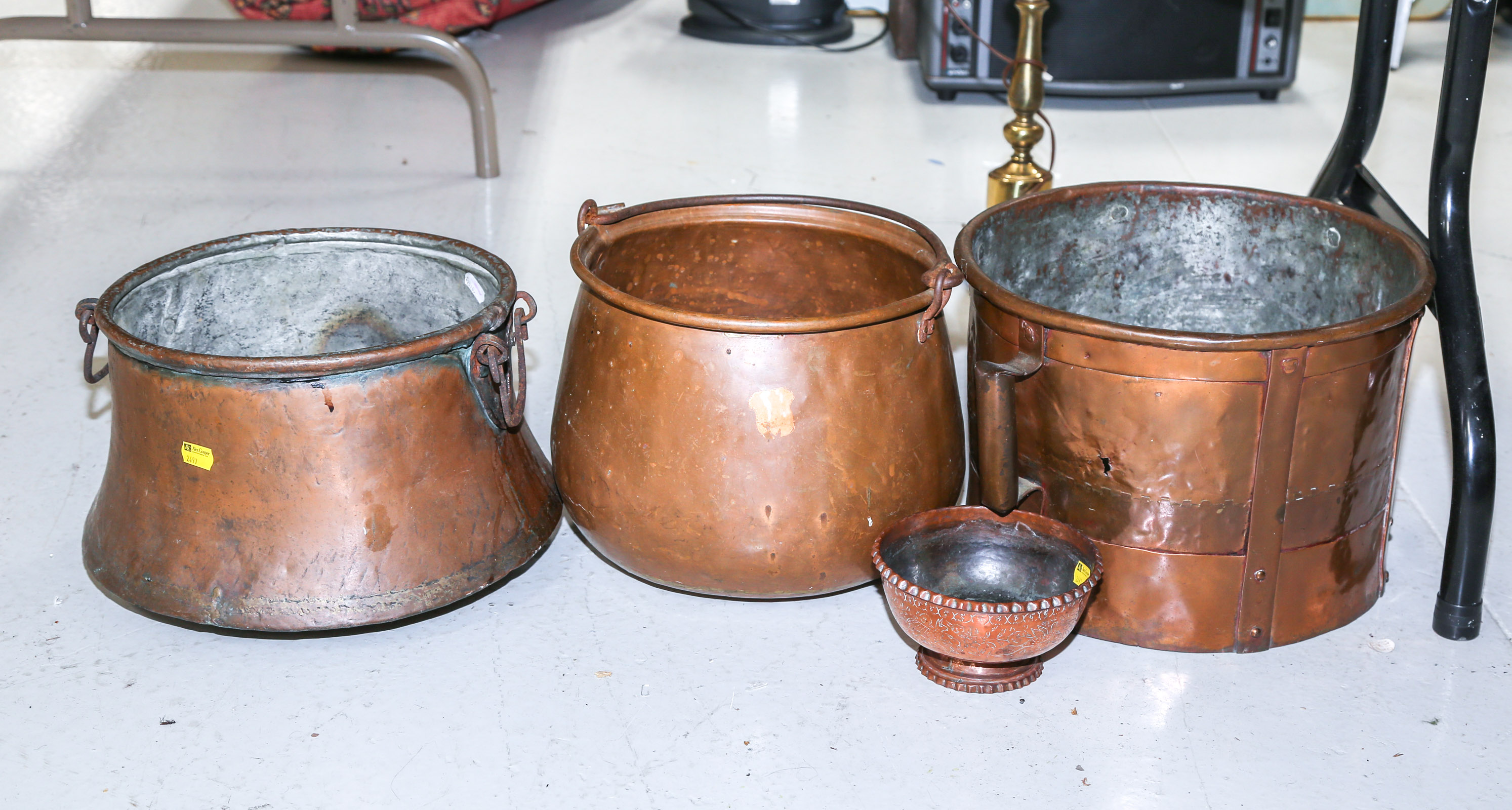 THREE COPPER POTS & COPPER VASE