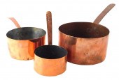 THREE COPPER POTS WITH RIVET M