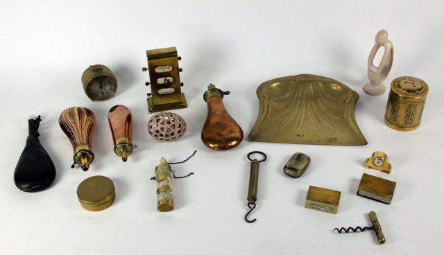Three copper powder flasks a shot
