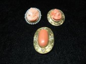 Three coral pins- two cameos o