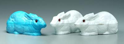 Three covered rabbit dishes, milk