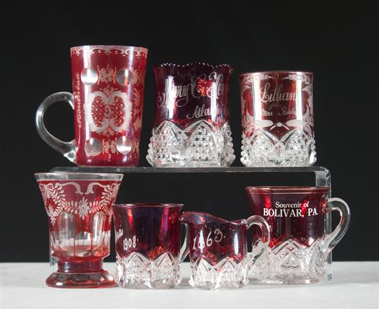 Three cranberry etched cut to clear