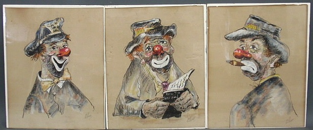 Three crayon portraits of clowns