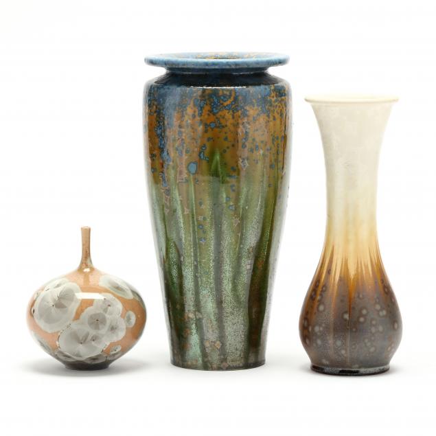 THREE CRYSTALLINE VASES, NC POTTERY