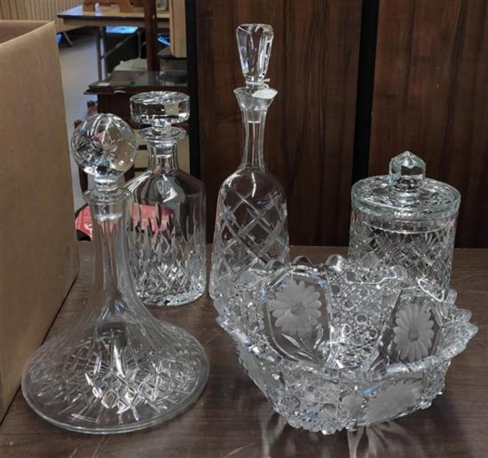 THREE CUT CRYSTAL DECANTERS,