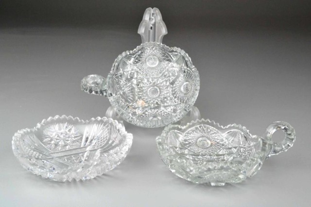 THREE CUT GLASS CANDY DISHESTwo