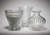 THREE CUT GLASS TALL VASESThre