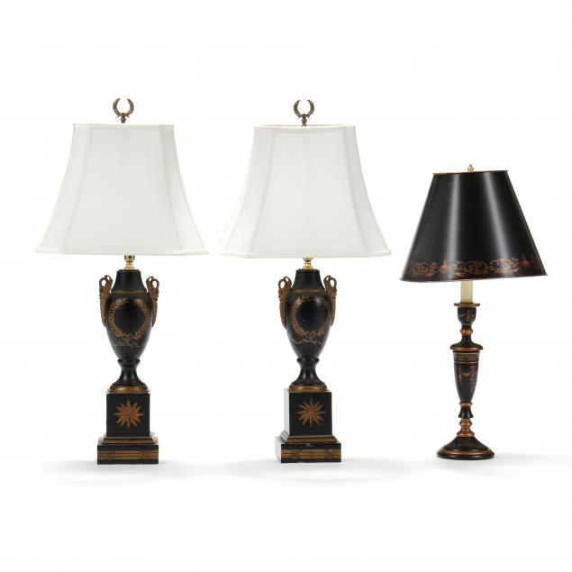 THREE DECORATIVE BLACK TOLE AND