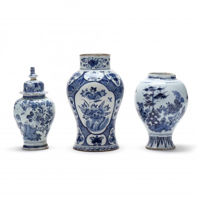 THREE DELFT BLUE AND WHITE VASES
