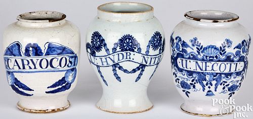 THREE DELFTWARE APOTHECARY JARS,