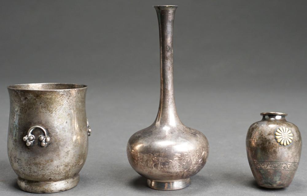 THREE DIMINUTIVE SILVER VASES: