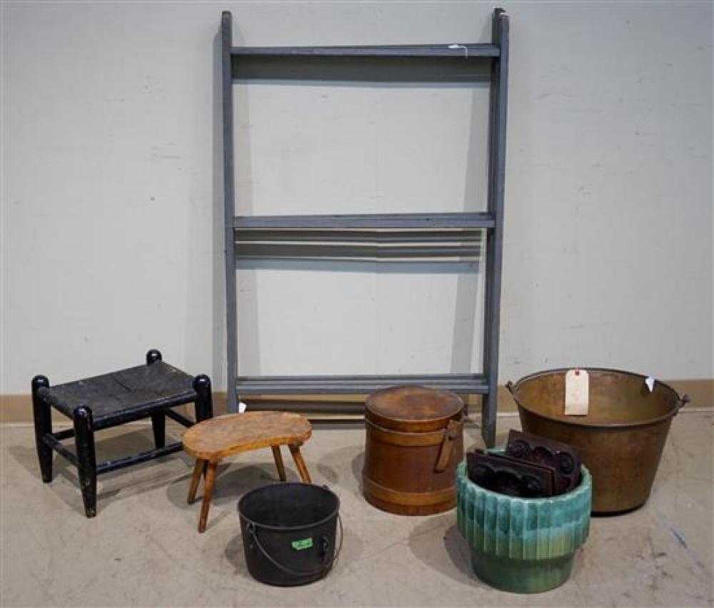 THREE DRYING RACKS, TWO PAILS, A