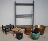THREE DRYING RACKS, TWO PAILS,