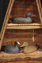 THREE DUCK DECOYS. Carved and
