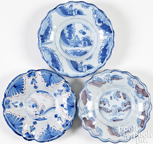 THREE DUTCH DELFTWARE LOBED DISHES,