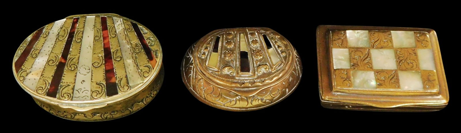 THREE EARLY BRASS BOXES WITH INLAID