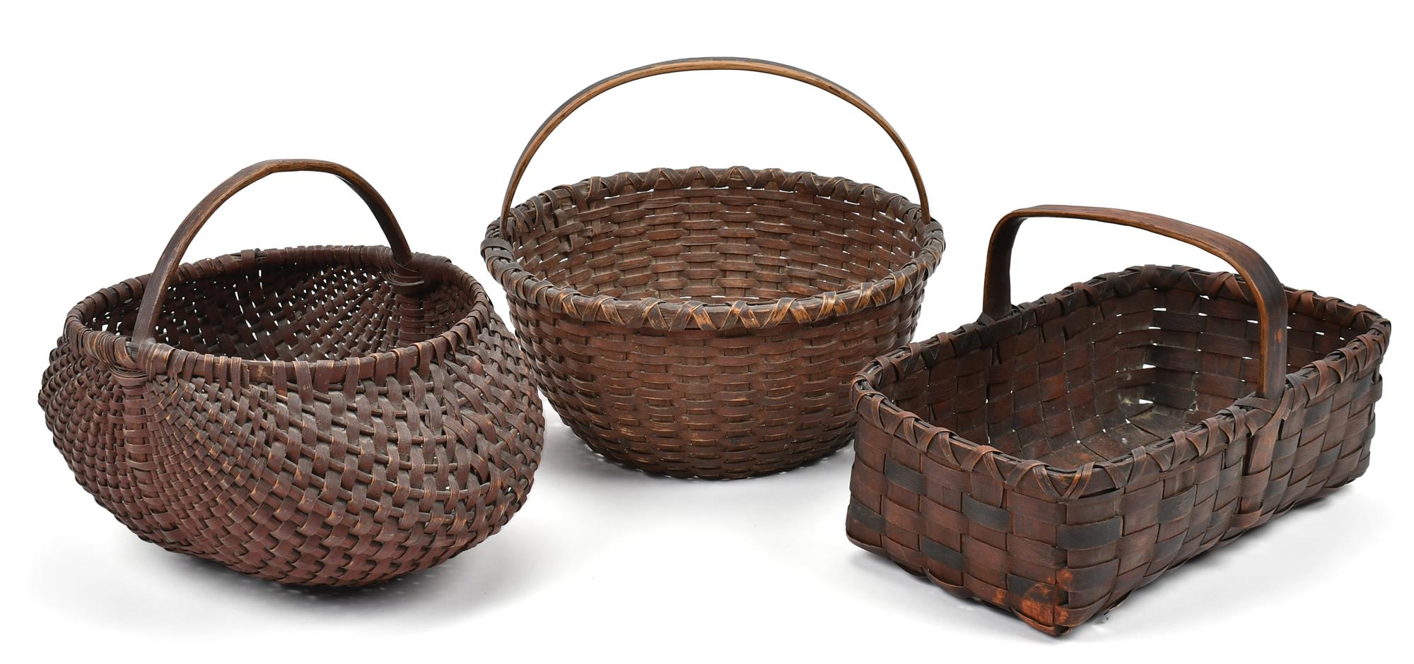 THREE EARLY PAINTED SPLINT BASKETS.