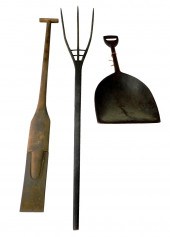 THREE EARLY WOODEN FARM TOOLS,