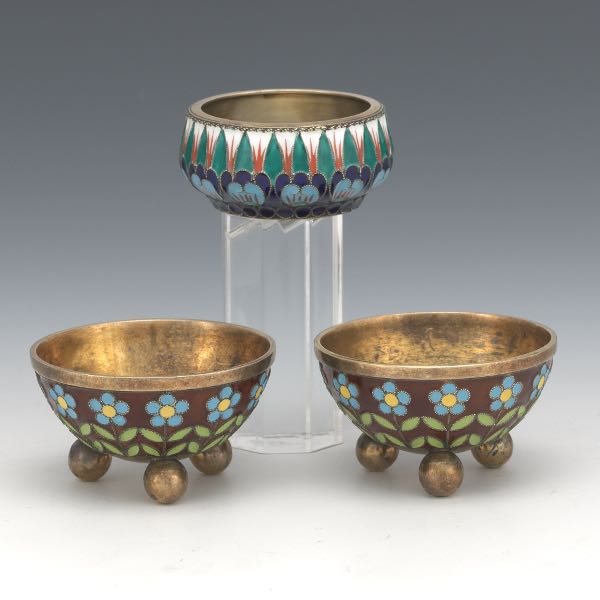 THREE ENAMELED SALTS  One ¾" x 1 ¾"