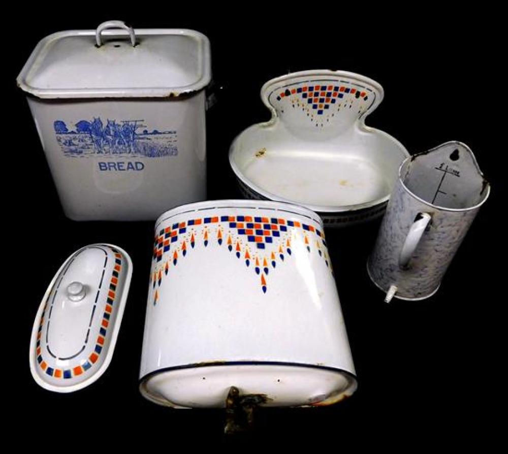 THREE ENAMELWARE ITEMS,